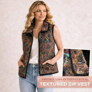 VTG Lisa International Multicolor Textured Zip Vest Artsy Sweater M